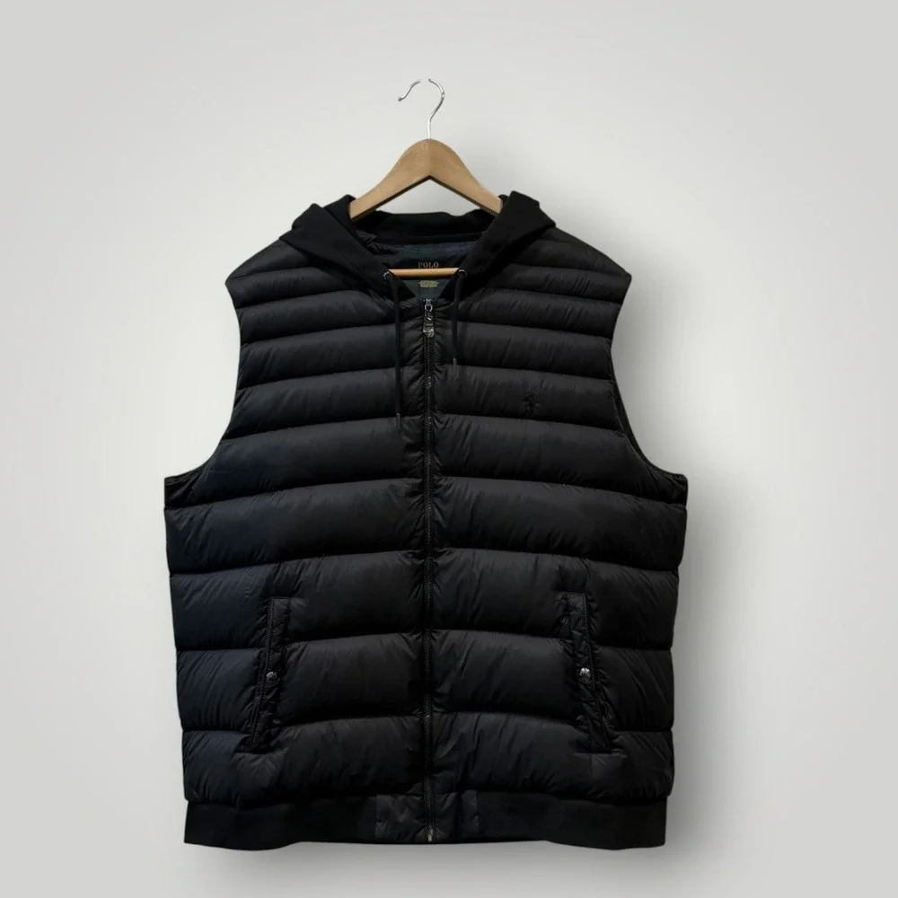 Polo Ralph Lauren Mens Black Hooded Quilted Hybrid Puffer Vest XXL Plaid Lining